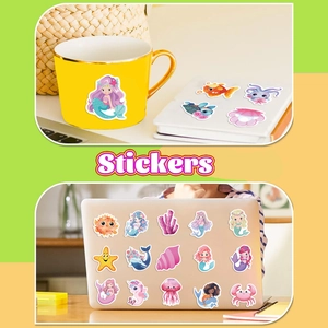 Waterproof cartoon mermaid and sea creature stickers applied on laptop and cup