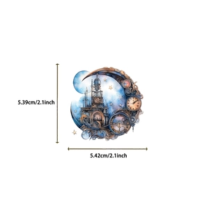 Detailed view of steampunk crescent moon sticker showing precise 2.1 inch dimensions