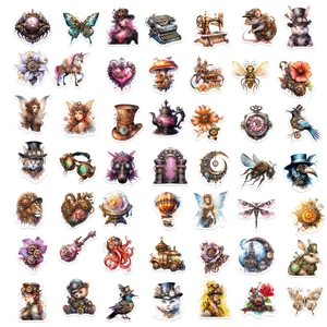 Set of 50 steampunk watercolor stickers featuring mechanical animals and gears for DIY laptop