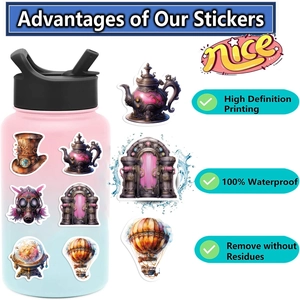 Waterproof steampunk stickers showing gear and mechanical patterns on a gradient bottle