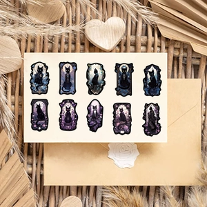 Détail de 10 autocollants de chat avec motifs de tarot mystiques et floraux