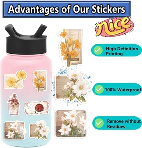 Detail of vintage flower stickers showing waterproof features on a water bottle