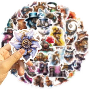 50 pack of waterproof steampunk stickers with mechanical gears and floral watercolor art