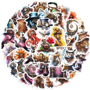 50 pieces of waterproof steampunk watercolor stickers featuring mechanical animals and gears