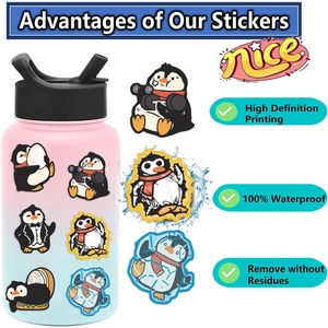 Detail of waterproof cartoon penguin stickers showing high-definition print and removal feature