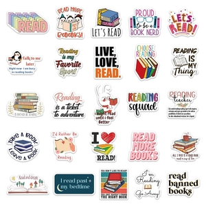 Detailed grid of 25 waterproof cartoon reading stickers with cute animal and book motifs