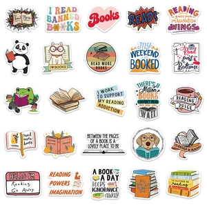 Flat lay of 25 waterproof cartoon reading stickers featuring cute animals and book motifs