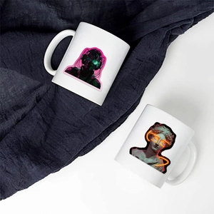 Detail of white ceramic mugs with cyberpunk mechanical skull and neon statue prints