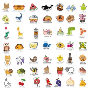 Detailed flat lay of waterproof cartoon animal and food reward stickers with puns