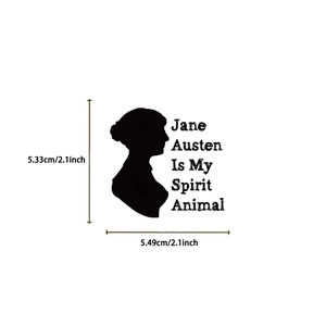 Detail showing Jane Austen silhouette sticker with Spirit Animal text on white background