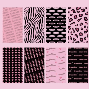 Detail view of 8 girl-themed phone back stickers with pink and black y2k patterns