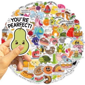 Close-up of waterproof cartoon stickers for laptop decoration with cute pear design