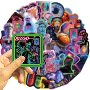 Macro shot of waterproof cyberpunk neon sticker set for guitar and laptop decoration