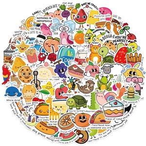 Detailed view of colorful cartoon reward stickers with creative puns for laptop and guitar
