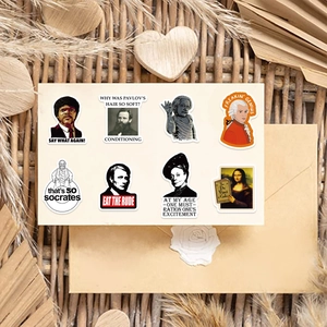 Flat lay of funny celebrity doodle stickers on vintage background with kraft paper