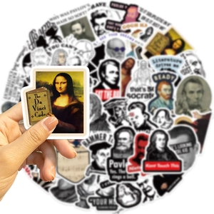 Macro detail of waterproof celebrity and art stickers for DIY laptop and guitar decor