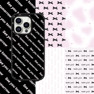 Close-up of balletcore iPhone case with See You Tomorrow text and pink bow details