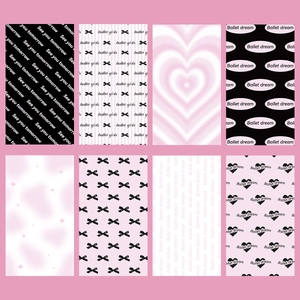 Detailed grid showing 8 coquette style phone back card stickers with bows and hearts