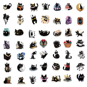 Lot de 50 autocollants de chats noirs étanches pour décorer ordinateurs et guitares