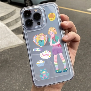 Dettaglio di illustrazioni cartoon Y2K su custodia trasparente per iPhone con protezione lenti