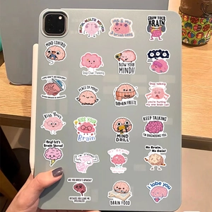 Funny brain stickers set with mental health phrases displayed on a grey tablet case