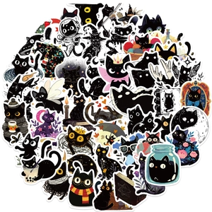 Détails de 50 autocollants de chats noirs imperméables avec divers motifs créatifs et fun