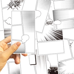 Detailed view of DIY comic strip templates with speech bubbles and POW text
