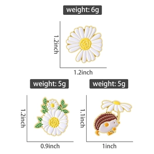 Size and weight details of small daisy flower enamel badges and hedgehog brooch
