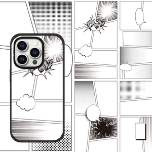 Detail showing monochrome comic style iPhone case with POW explosion pattern design