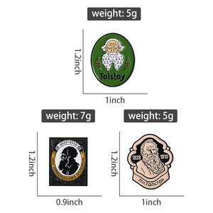 Detailed view showing three unique Leo Tolstoy enamel pin designs with size and weight specs