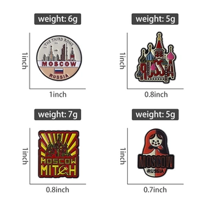 Detail view of Russian enamel pins set with dimensions and weights for backpacks