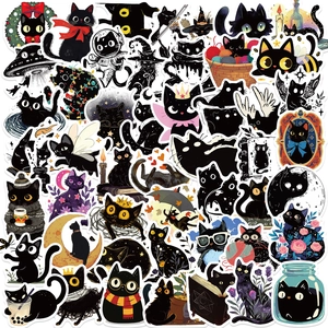 Lot de 50 autocollants imperméables de chats noirs pour ordinateurs et guitares