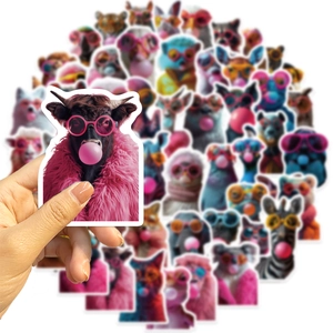 Close-up of waterproof animal stickers with pink sunglasses and bubble gum details