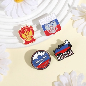 Set of four Russian theme enamel pins featuring double-headed eagle and flag emblems