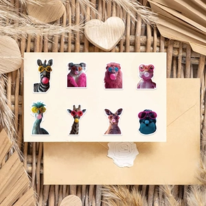 Detailed view of 8 cute animal stickers with sunglasses and bubblegum on craft paper