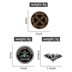 Detailed size specifications for punk metal badges including Wagner and bat motifs