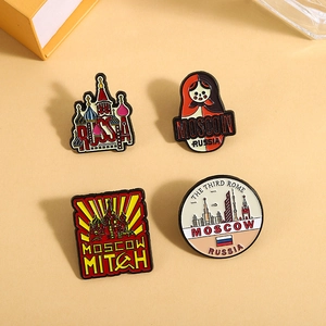 Set of 4 Russian themed enamel pins featuring Matryoshka doll and Saint Basil Cathedral