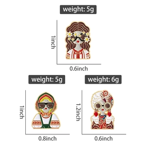 Detailed view of three cartoon enamel brooches with specific weight and size dimensions