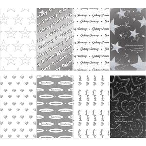 Detail view of 8 different black and white DIY phone backing cards with star and heart designs