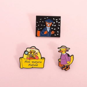 Three-piece Miss Marjorie Mallard detective enamel pins on a soft pink background