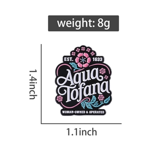 Detail view of Aqua Tofana enamel pin with dimensions 1.4x1.1 inches on white background
