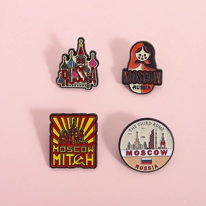 Set of 4 Russia Moscow travel souvenir enamel pins with Matryoshka and cathedral designs