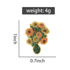 Detailansicht der Maße der Emaille-Sonnenblumenbrosche in Vase, 4g Gewicht, 1x0,7 Zoll Größe