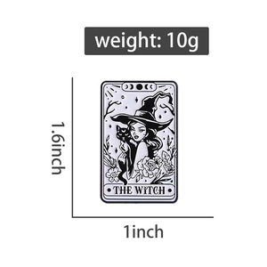Detailed view of enamel witch tarot card pin dimensions 1.6 x 1 inch and 10g weight