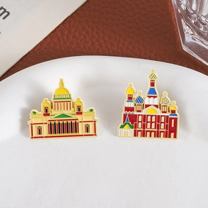 Russian landmarks St. Basil and St. Isaac Cathedral colorful enamel metal pins set