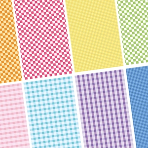 Macro view of colorful checkered pattern stickers in eight vibrant neon grid colors