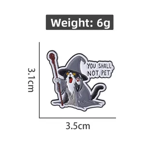 Cartoon wizard cat enamel pin with You Shall Not Pet text and size measurements