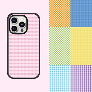 Detail view of colorful gingham pattern stickers for DIY phone card decoration in 7 colors