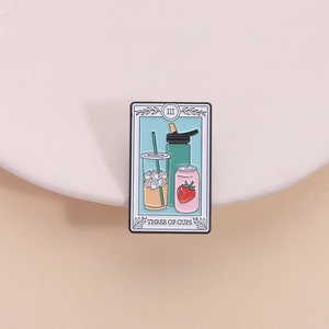 Three of Cups tarot enamel pin featuring creative juice drinks on a minimalist tray