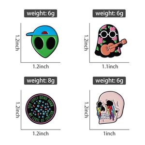 Macro view of four enamel pins with dimensions and weights for Pilots band fans